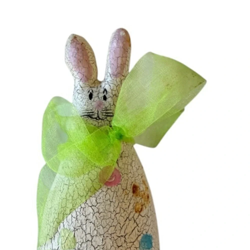 Rustic Easter Bunny Figurine Crackle Finish Farmhouse Spring Handmade Art Signed